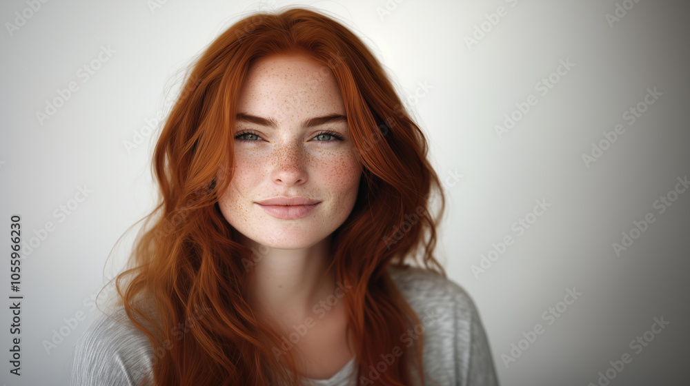 A close-up, isolated on a white background of a cheerful young woman with long, wavy red hair and freckles, wearing a stylish t-shirt. Her face radiates happiness, and her bright s A close-up, isolated on a white background of a cheerful young woman with long, wavy red hair and freckles, wearing a stylish t-shirt. Her face radiates happiness, and her bright s