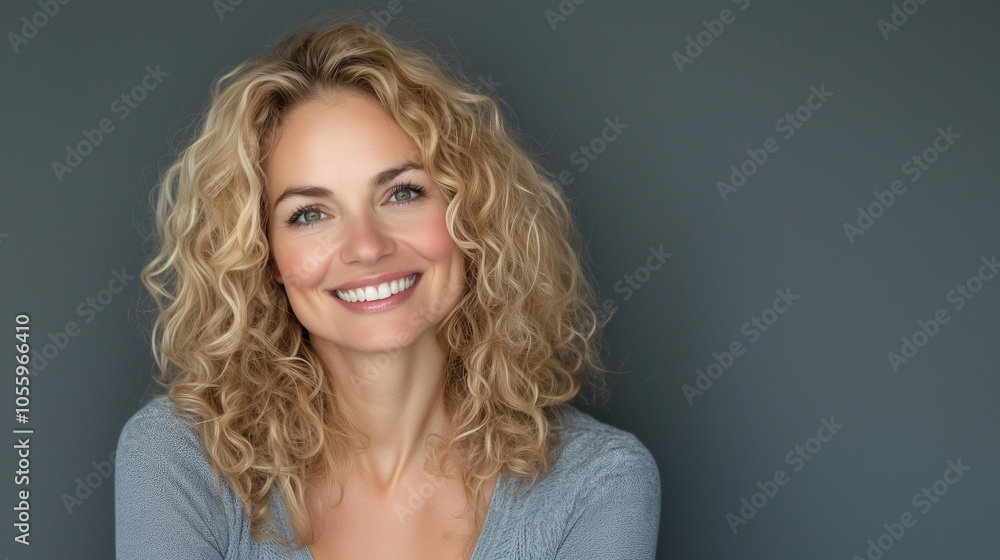 A cheerful blonde woman with voluminous curly hair, smiling warmly against a sleek gray background. Her relaxed posture and natural beauty make the portrait perfect for lifestyle a