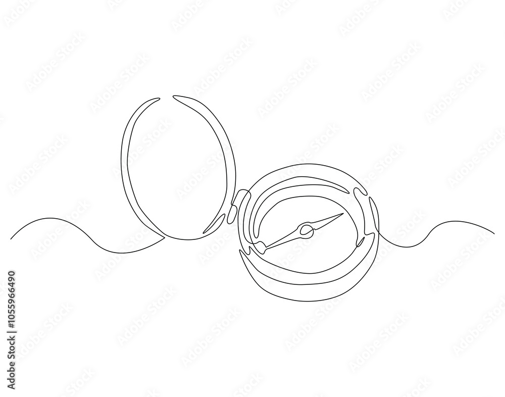 Obraz premium Continuous one line drawing of traveller compass. One line drawing illustration of compass navigate and adventure. Navigation, direction, journey concept line art. Editable outline