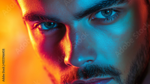 Close-up of a man with an intense, thoughtful gaze, set against an abstract, colorful background. Perfect for conveying concepts of innovation, self-reflection, and creative proble photo