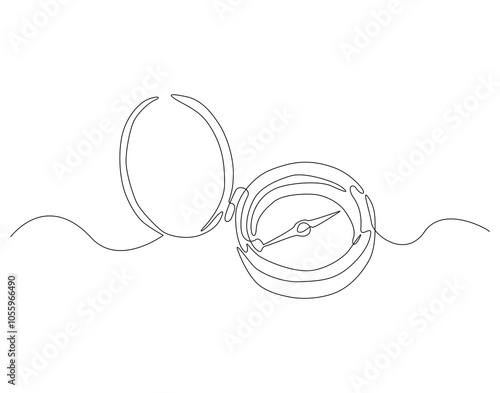 Continuous one line drawing of traveller compass. One line drawing illustration of compass navigate and adventure. Navigation, direction, journey concept line art. Editable outline