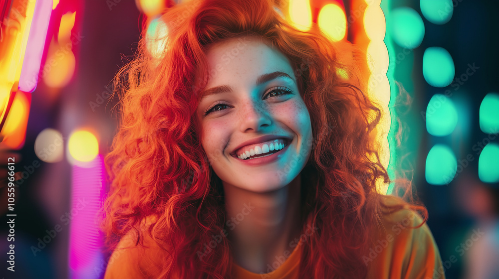 A vibrant red-haired woman with curly hair, smiling brightly against a neon-lit background. The colorful lights add an electric feel to the scene, perfect for nightlife, fashion, o A vibrant red-haired woman with curly hair, smiling brightly against a neon-lit background. The colorful lights add an electric feel to the scene, perfect for nightlife, fashion, o
