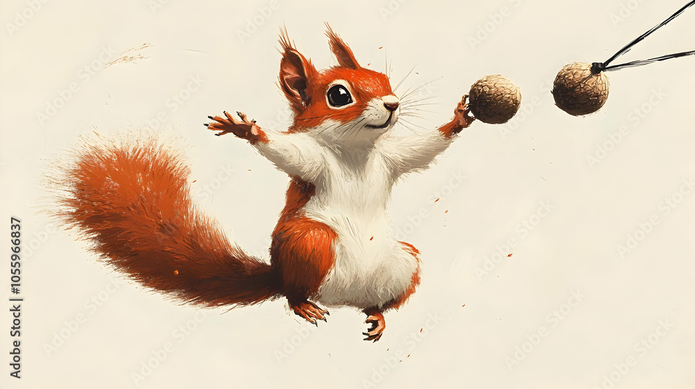 Naklejka premium A playful red squirrel interacting with acorns against a white background.