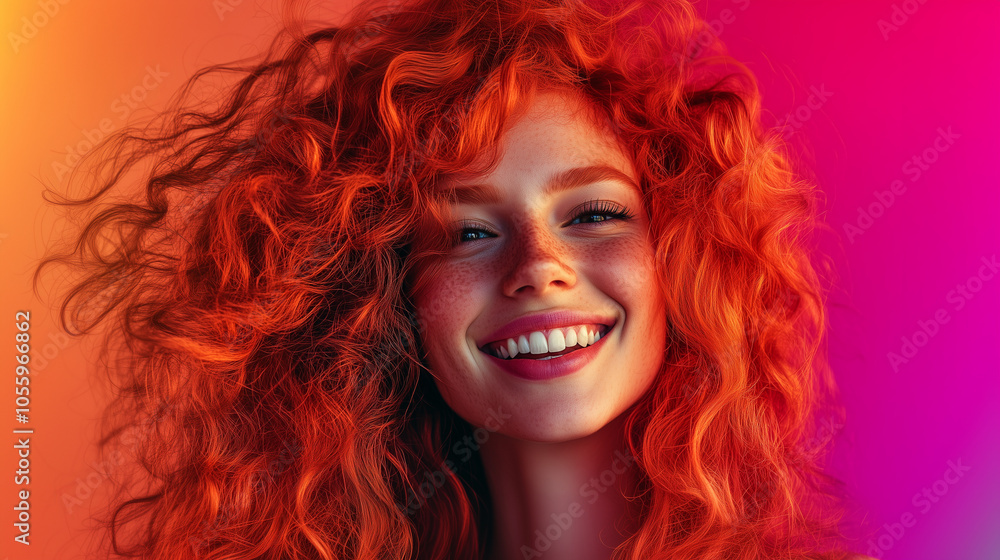 Portrait of a smiling redhead with voluminous curly hair, standing against a neon-colored background. The bold lighting and dynamic pose make this image ideal for edgy, contemporar Portrait of a smiling redhead with voluminous curly hair, standing against a neon-colored background. The bold lighting and dynamic pose make this image ideal for edgy, contemporar
