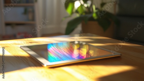 A tablet is sitting on a wooden table in a room with a potted plant in the backg