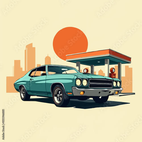 Car gas station in retro style. Classic car with gas station. EPS version.