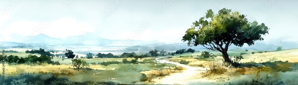 A serene landscape featuring a lone tree beside a winding path and distant hills. A serene landscape featuring a lone tree beside a winding path and distant hills.