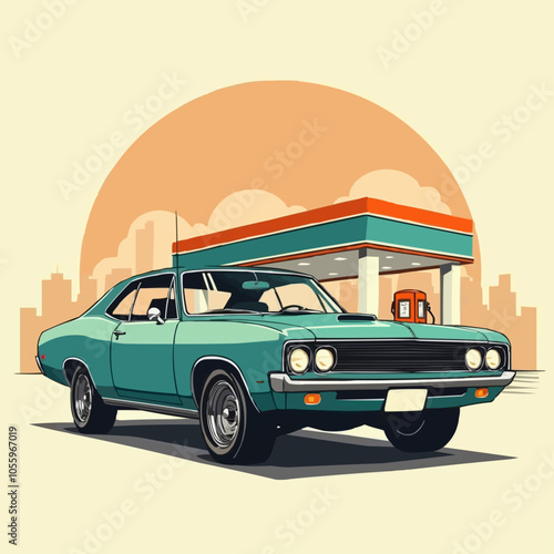 Car gas station in retro style. Classic car with gas station. EPS version.