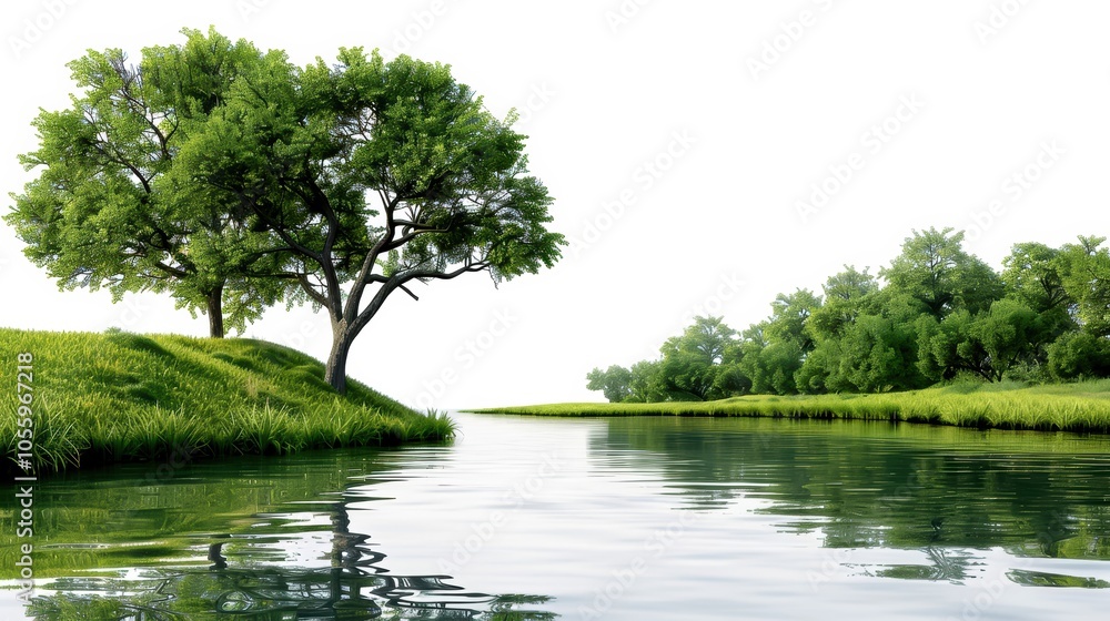 Fototapeta premium Lush greenery reflecting in calm water, serene nature scene, peaceful landscape with trees and river.