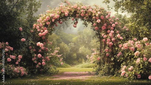 A romantic scene of pink roses blooming around an arched garden trellis, creating a floral canopy.