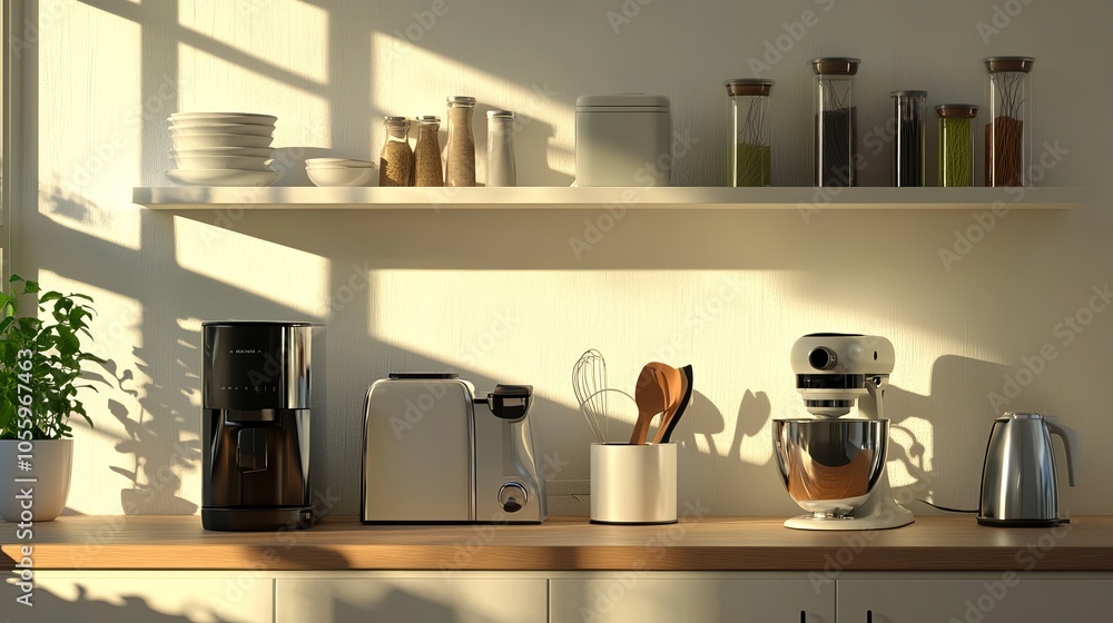 A set of domestic kitchen appliances in a brightly lit room. 3d illustration.
A set of domestic kitchen appliances in a brightly lit room. 3d illustration.
