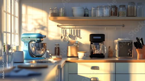 A set of domestic kitchen appliances in a brightly lit room. 3d illustration.

