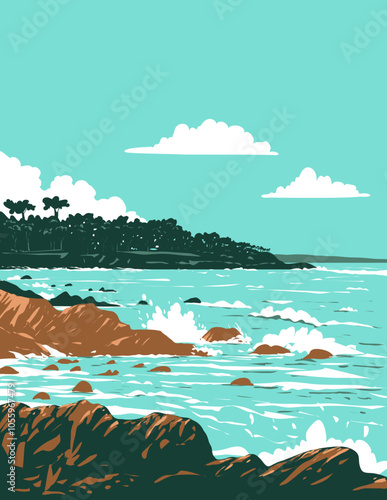 WPA poster art of Pebble Beach viewed from 17 Mile Drive on Monterey Peninsula, Monterey County, California, United States, USA done in works project administration or federal art project style.
