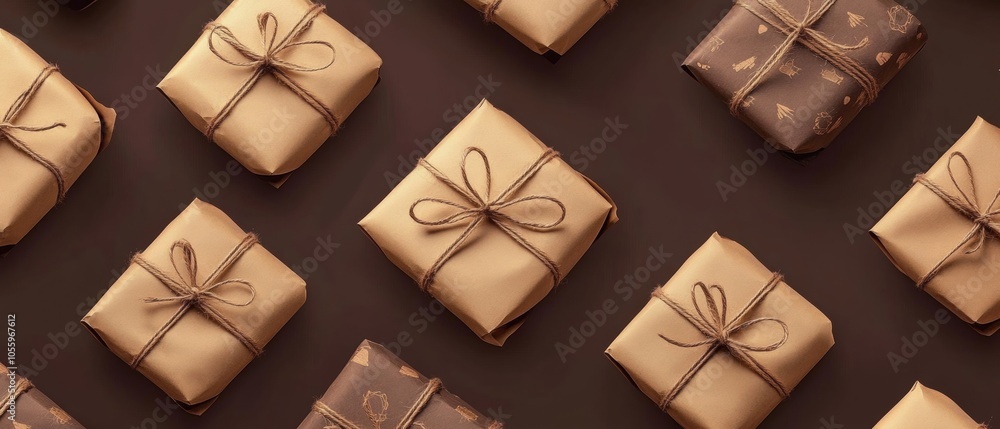 A row of brown boxes with ribbons tied to them A row of brown boxes with ribbons tied to them
