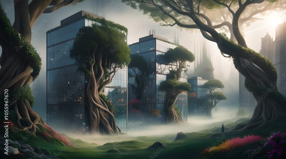 Fototapeta premium Enchanted Urban Wilderness: A Surreal Fusion of Nature and Architecture