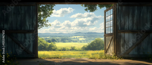 A scenic view through an open barn door, revealing lush green fields and a vibrant blue sky filled with fluffy clouds. photo