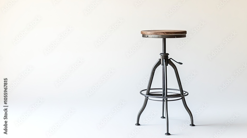 A tall metal bar stool with a wooden seat, isolated on a white background, embodying rugged loft-style elegance. A tall metal bar stool with a wooden seat, isolated on a white background, embodying rugged loft-style elegance.