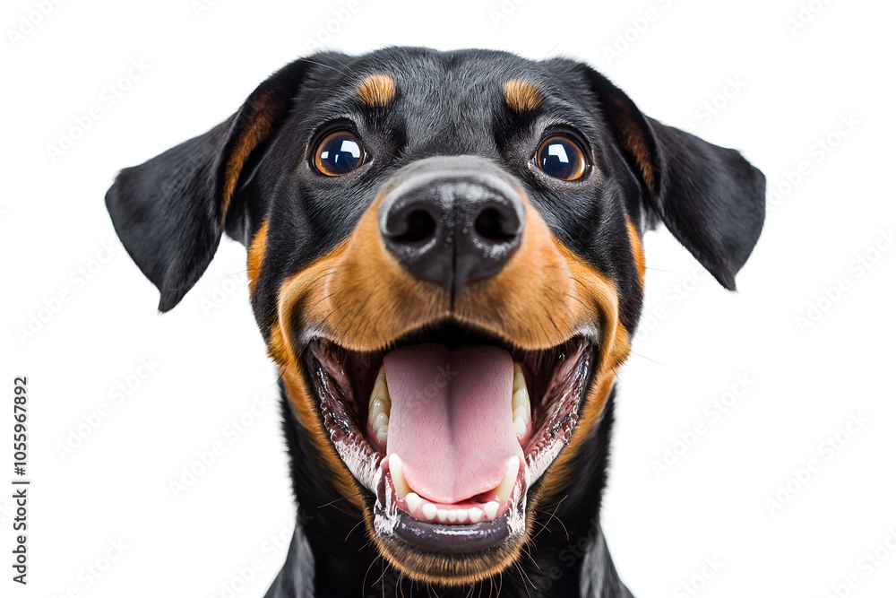 Close-up Of A Happy Rottweiler Isolated On White Background With An Excited Expression, Animal Photography Close-up Of A Happy Rottweiler Isolated On White Background With An Excited Expression, Animal Photography