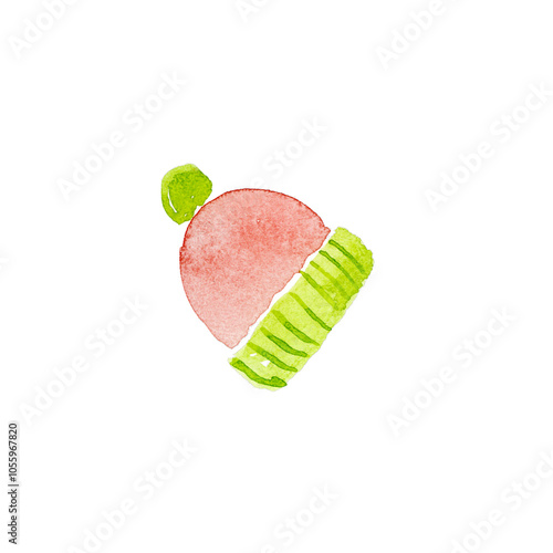 Pink and green hat done in watercolor.
Hand painted