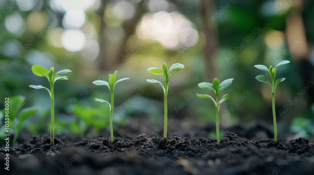 A row of tiny seedlings sprouting in a garden bed, showing different stages of growth against a blurred natural background. A row of tiny seedlings sprouting in a garden bed, showing different stages of growth against a blurred natural background.