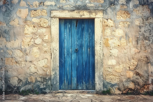 A blue door with a wooden frame sits in front of a stone wall