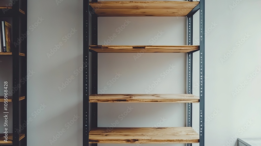An open, metal-frame bookshelf with wooden shelves set against a white background. Ideal for a loft-inspired, minimalist aesthetic. An open, metal-frame bookshelf with wooden shelves set against a white background. Ideal for a loft-inspired, minimalist aesthetic.