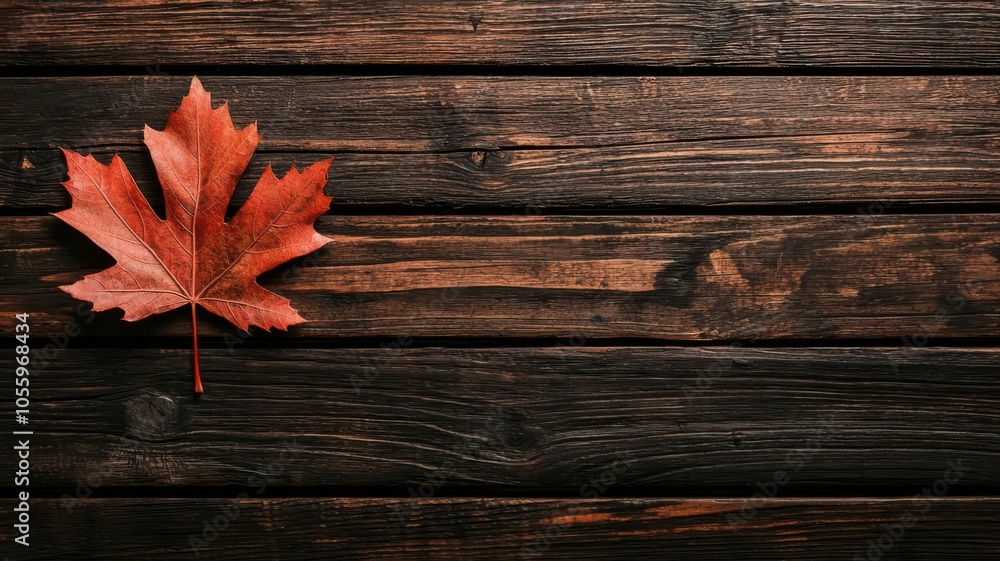 Closeup of a single red maple leaf lying on a rustic wooden table, Red maple leaf on wood, Simple and natural Closeup of a single red maple leaf lying on a rustic wooden table, Red maple leaf on wood, Simple and natural