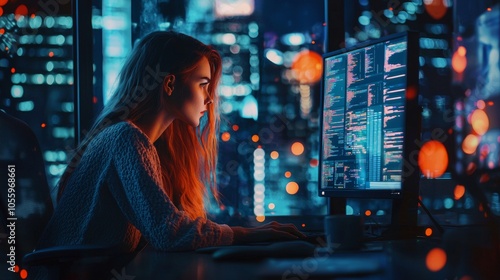 Focused woman coding on a computer at night in a city photo