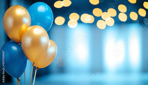 Colorful balloons in a festive setting with bokeh lights, ideal for celebrations and joyful occasions.