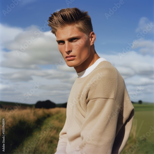 A cute guy in a pink sweater stands in a field
