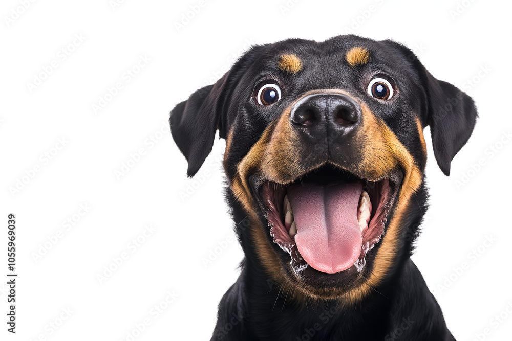Close-up Of A Happy Rottweiler Isolated On White Background With An Excited Expression, Animal Photography Close-up Of A Happy Rottweiler Isolated On White Background With An Excited Expression, Animal Photography