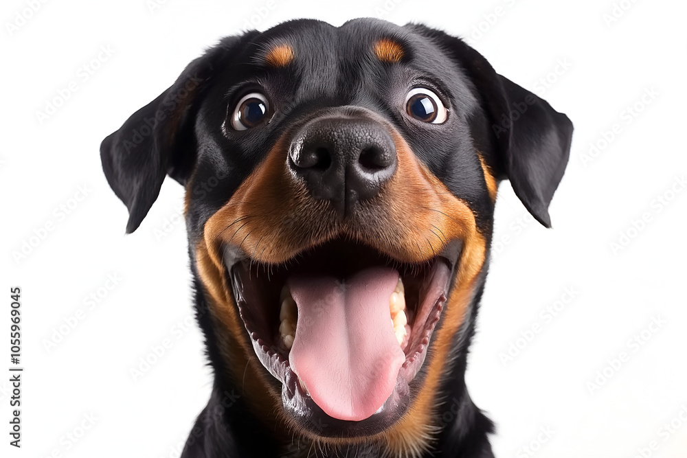 Close-up Of A Happy Rottweiler Isolated On White Background With An Excited Expression, Animal Photography Close-up Of A Happy Rottweiler Isolated On White Background With An Excited Expression, Animal Photography