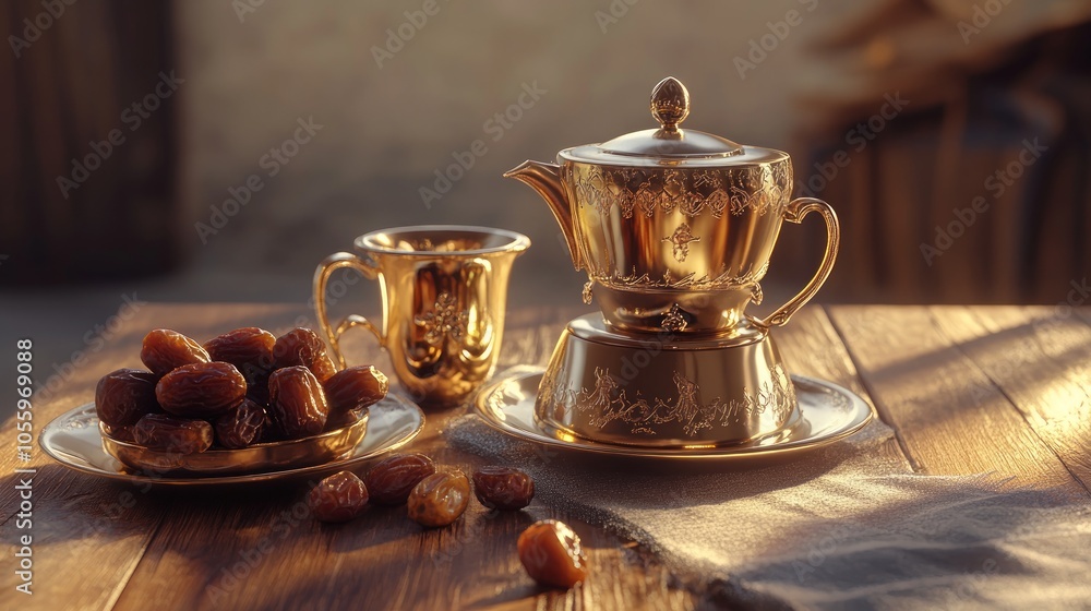 Fototapeta premium A golden teapot, cup, and dates on a wooden table with a linen napkin.
