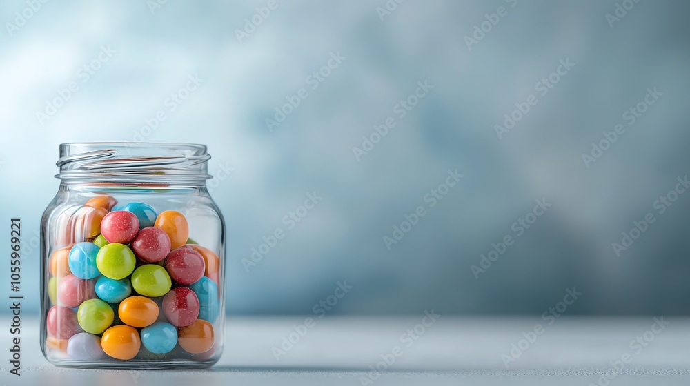Colorful candy-filled jar on a blurred background. Colorful candy-filled jar on a blurred background.
