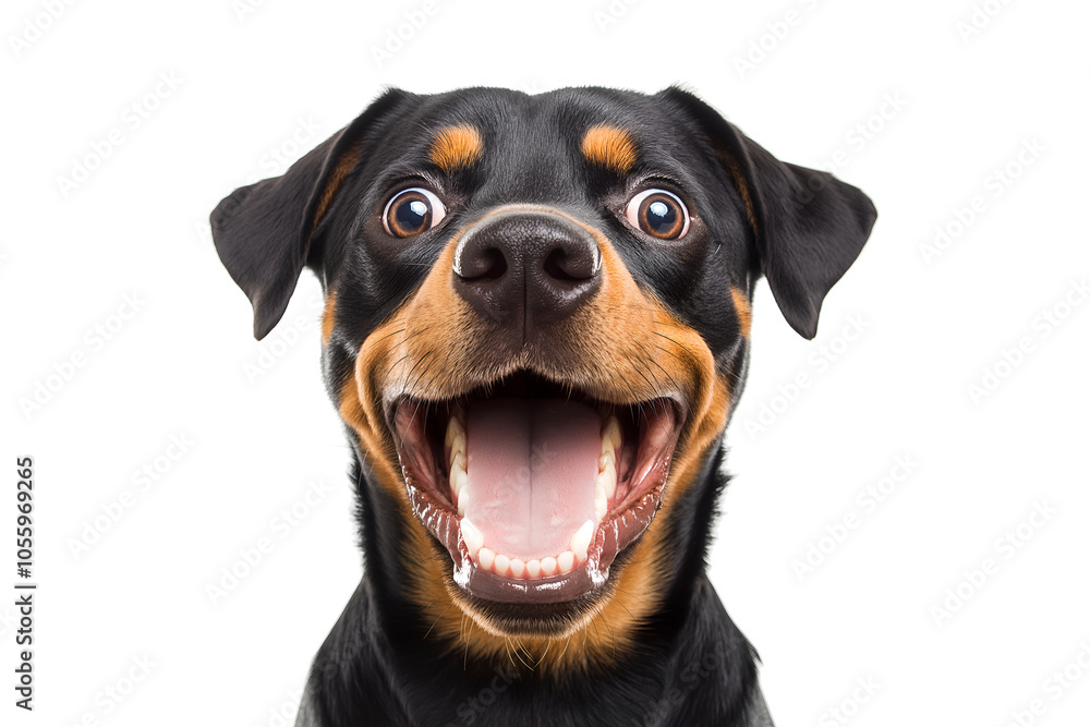 Close-up Of A Happy Rottweiler Isolated On White Background With An Excited Expression, Animal Photography Close-up Of A Happy Rottweiler Isolated On White Background With An Excited Expression, Animal Photography