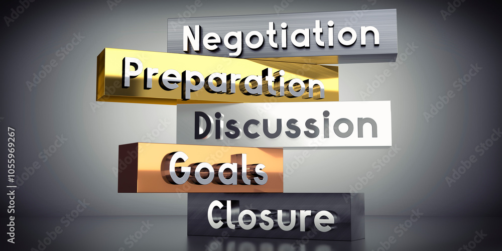 Negotiation, preparation, discussion, goals, closure - 3D illustration