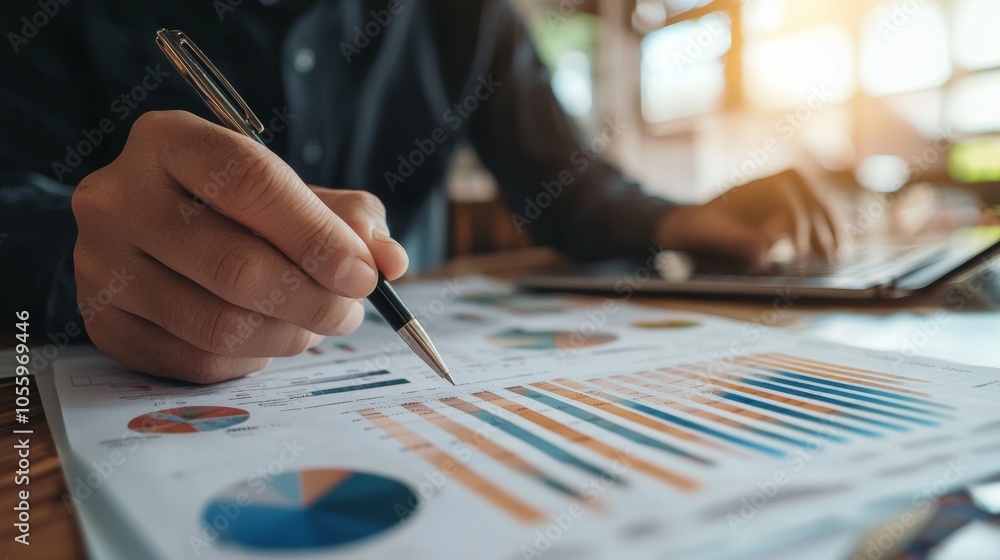 Businessman analyzing data charts with a pen in hand Businessman analyzing data charts with a pen in hand