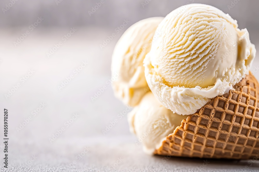 Delicious three-scoop vanilla ice cream cone on a light background. Delicious three-scoop vanilla ice cream cone on a light background.
