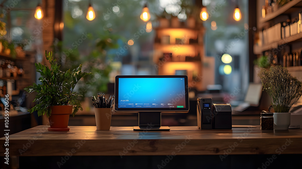 Point-of-sale system on a wooden counter in a warmly lit cafe, with potted plants and ambient decor, creating an inviting and stylish atmosphere. Point-of-sale system on a wooden counter in a warmly lit cafe, with potted plants and ambient decor, creating an inviting and stylish atmosphere.