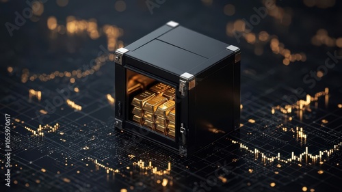 Artistic depiction of a safe with gold bars inside, with a rising stock graph overlay, representing security in gold investment, Gold in safe with stock graph, Secure and valuable