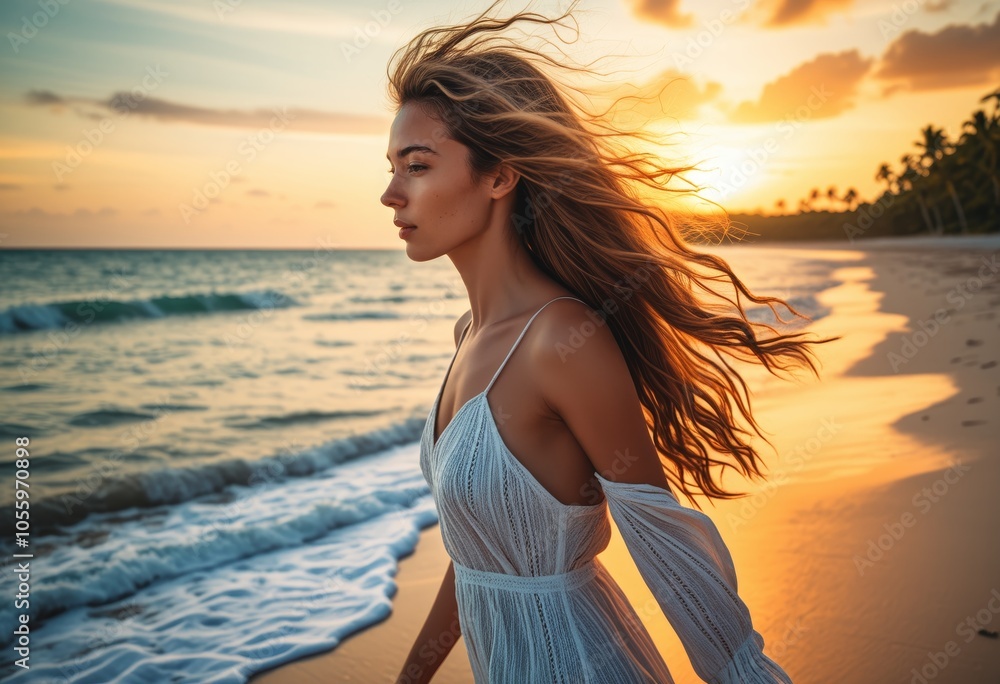 Serene sunset walk: woman strolling along tropical beach in flowing dress Serene sunset walk: woman strolling along tropical beach in flowing dress