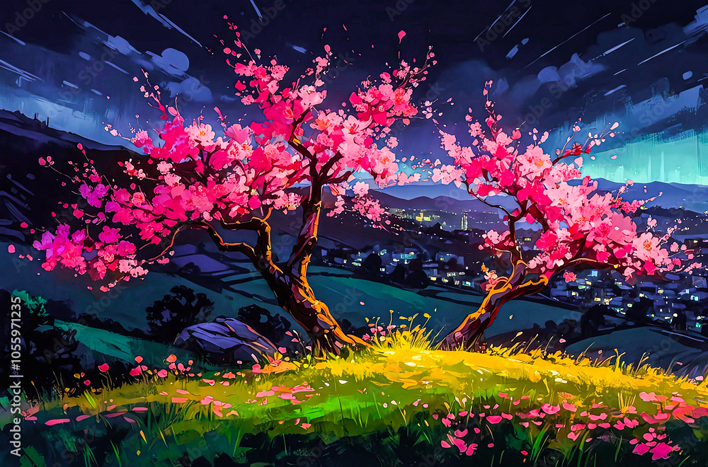 Fototapeta premium Neon Cherry Blossoms on a Hilltop watercolor painting art illustration 