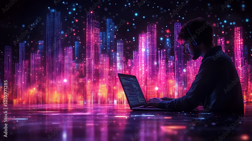 A man in headphones working on a laptop with a futuristic cityscape in the background. A man in headphones working on a laptop with a futuristic cityscape in the background.