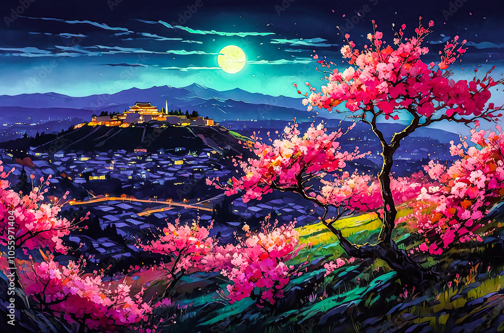Fototapeta premium Neon Cherry Blossoms on a Hilltop watercolor painting art illustration 