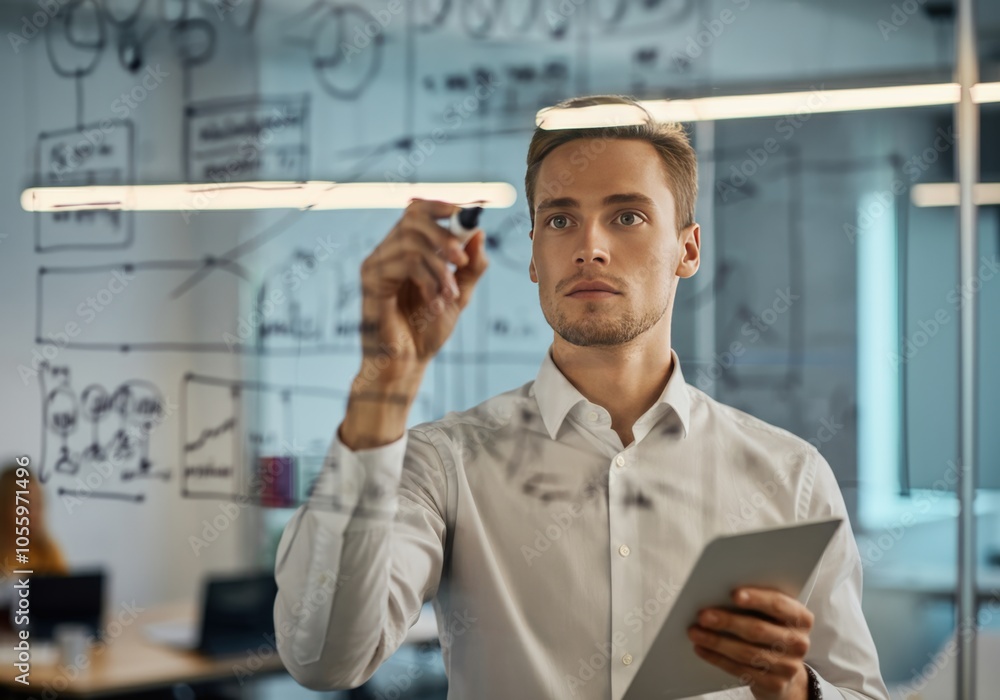 Young man writing on glass board, using a tablet, office setting Young man writing on glass board, using a tablet, office setting