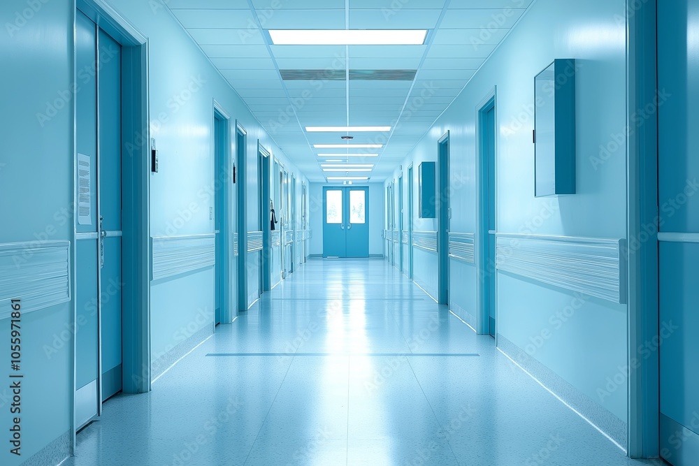 A clean, modern hospital hallway with a bright blue color scheme, exemplifying professionalism and care. A clean, modern hospital hallway with a bright blue color scheme, exemplifying professionalism and care.