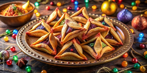 Traditional Jewish Hamantaschen Cookies for Purim Celebration - Festive Treats on a Plate