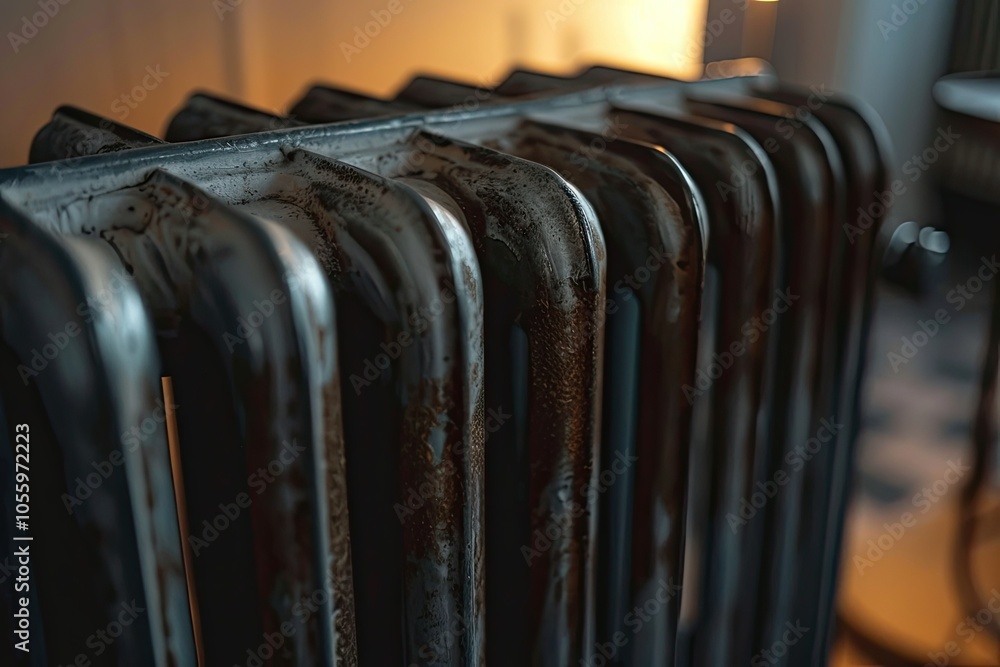 Minimalistic radiator close-up in a Scandinavian apartment, showing sleek metal design with warm lighting Minimalistic radiator close-up in a Scandinavian apartment, showing sleek metal design with warm lighting