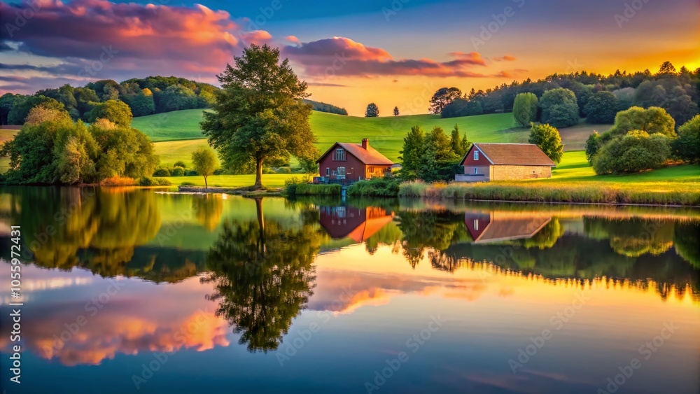 Obraz premium Tranquil Low Light Photography of Natural Lake Farm in Village - Serene Tree 3D Wallpaper for Nature Lovers