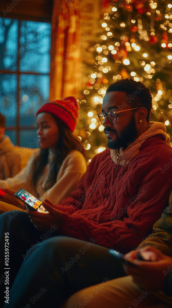Fototapeta premium a group of people sitting in a cozy, festive environment, working on laptops